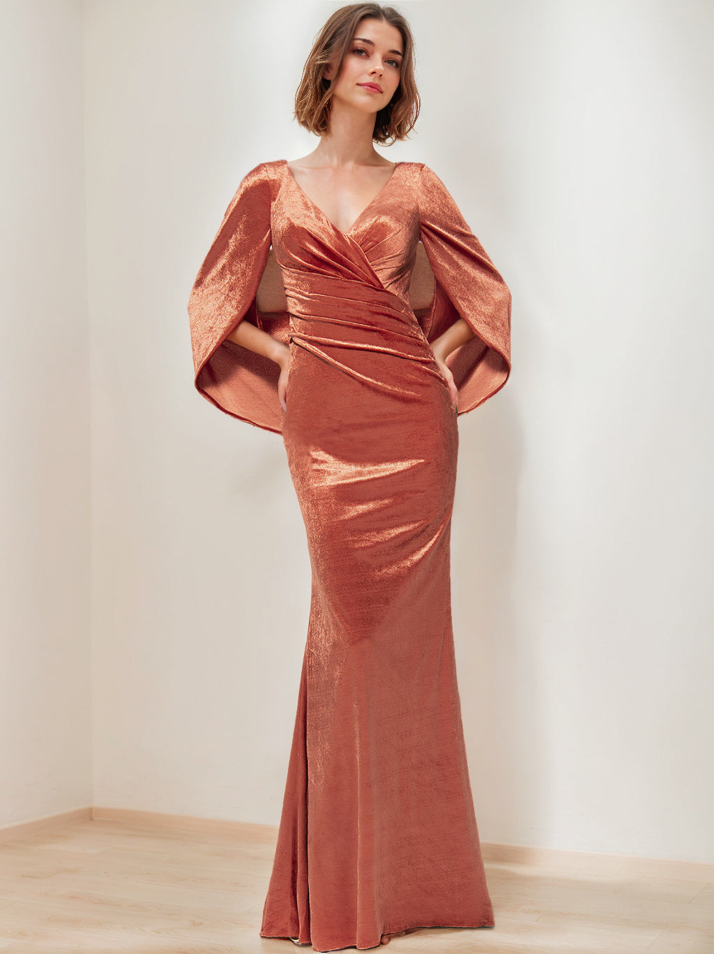 V-Neck Floor-Length Velvet Mother of the Bride Sheath Dress with Ruffled Half Sleeves