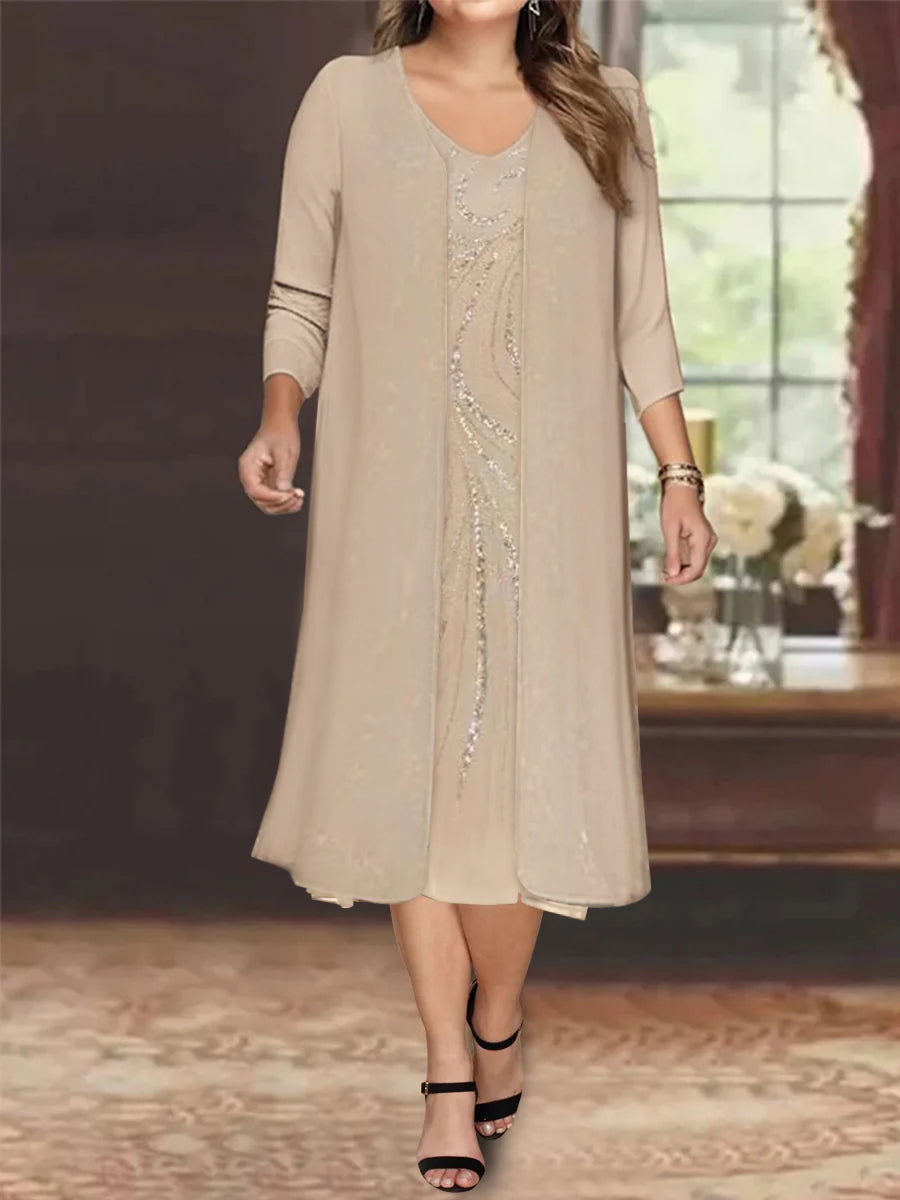 V-Neck Long-Sleeve Tea-Length Plus Size Mother of the Bride Dress with  Jacket and Sequins