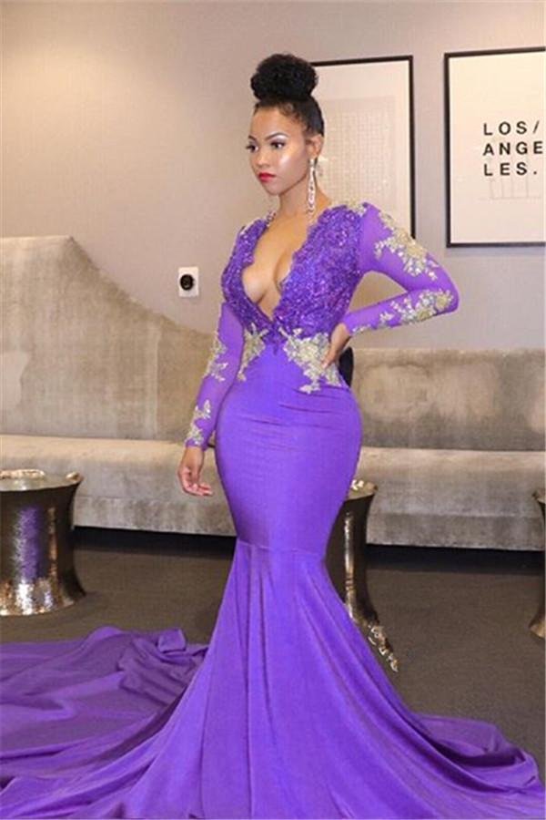 knee length dresses for ladies Beautiful Long Black V-neck Mermaid Prom Dress with Beadings and Lace –  misshow.com main image 1