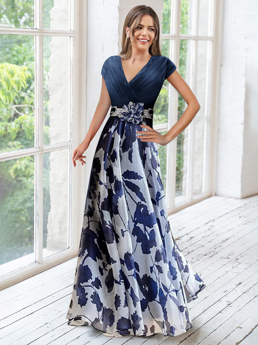 navy blue dress for baby girl V-Neck Princess A-Line Short Sleeve Mother of the Bride Dress With Floral  Ruches