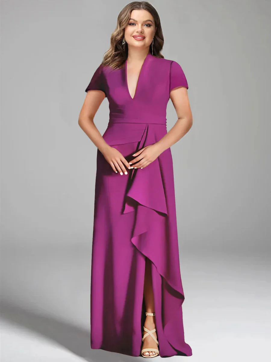 short sleeve plus size mother of the bride dresses Plus Size Fishtail V-Neck Beaded Evening Dress with Short Sleeves