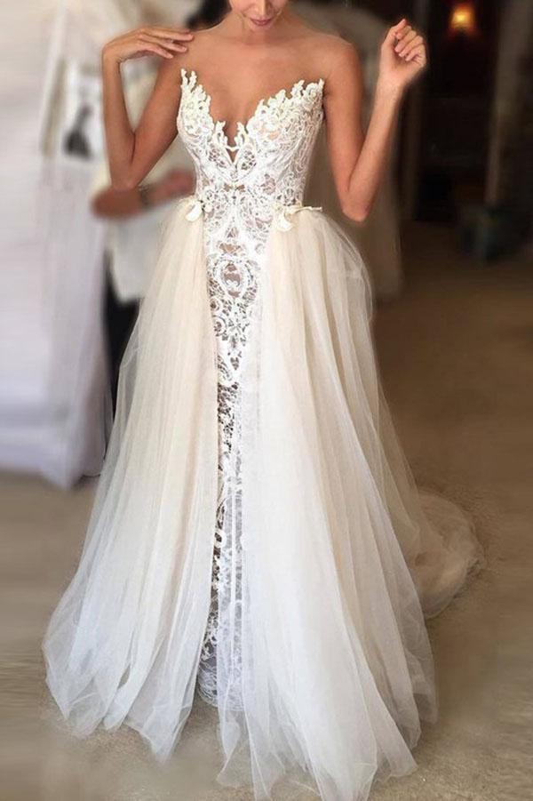 Vintage Special Wedding Dress Ivory Sheer Neck Lace Gowns Tulle