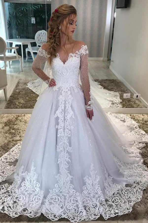 fitted lace wedding dress Vintage Train A-Line Sweetheart Off-the-Shoulder Long Sleeve Wedding Dress  with Appliques Lace and Sequins