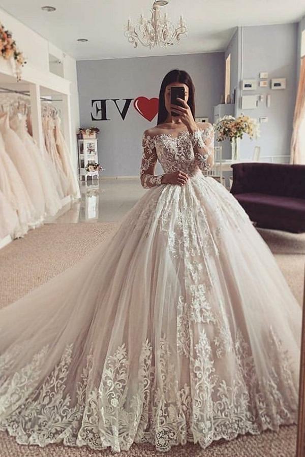 Wedding Dress: Classy Bateau Neck Long Sleeve Appliques Lace A-Line Floor-length Tulle Wedding Dress: Classy Bateau Neck Long Sleeve Appliques Lace A-Line Floor-length Tulle