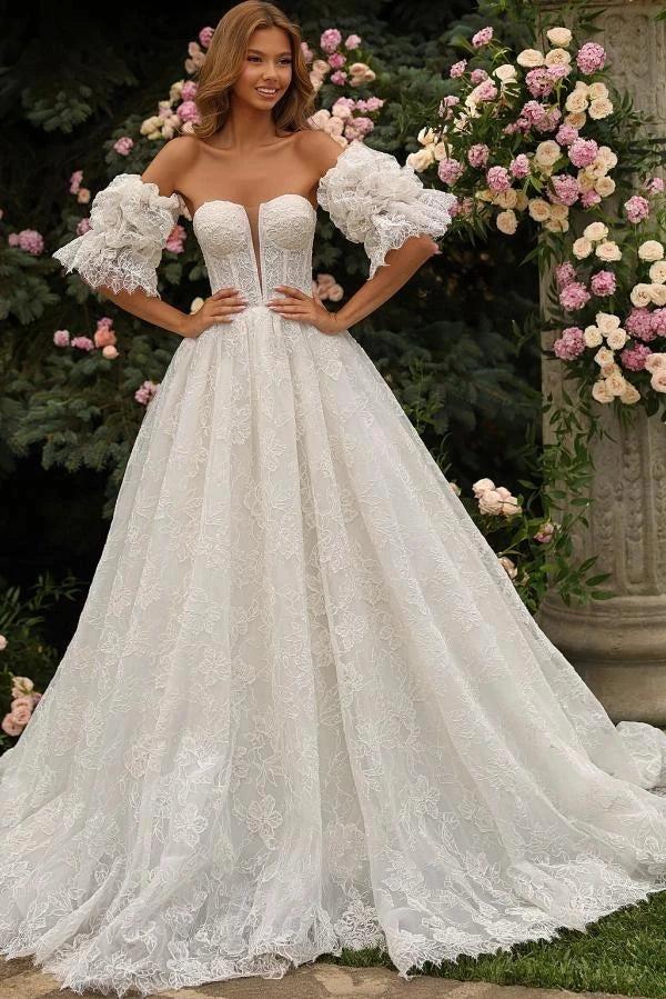 White Allover Vine Lace A-Line Wedding Dress Off-the-Shoulder Plunge Sweetheart Sheer Illusion Bodice Detachable Ruffle Puff Sleeves 3D Floral Cuff 3D