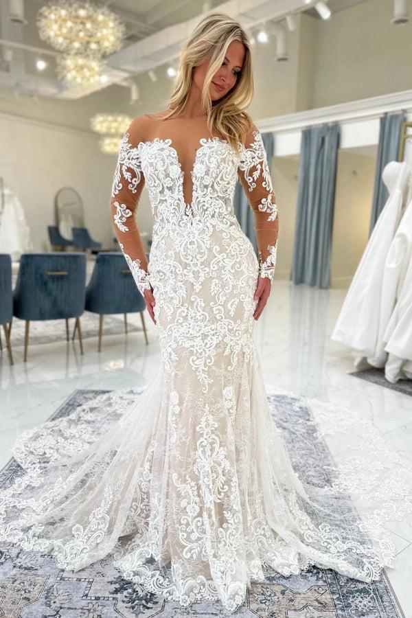 sheer lace mermaid wedding dress Luxurious Mermaid Lace Appliques Wedding Dress Sheer Skirt