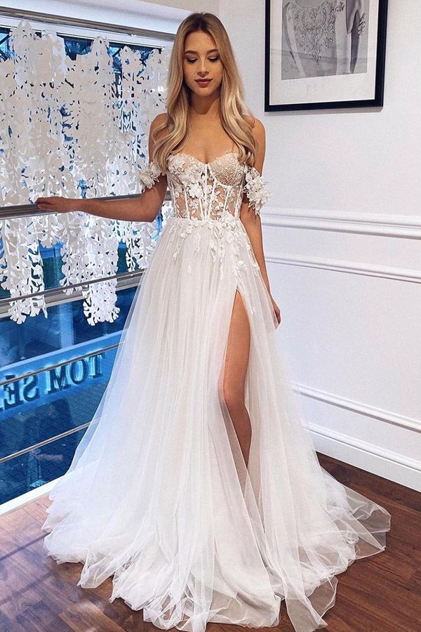 White Lace Off The Shoulder A Line Beach Wedding Dress White Lace Off The Shoulder A Line Beach Wedding Dress