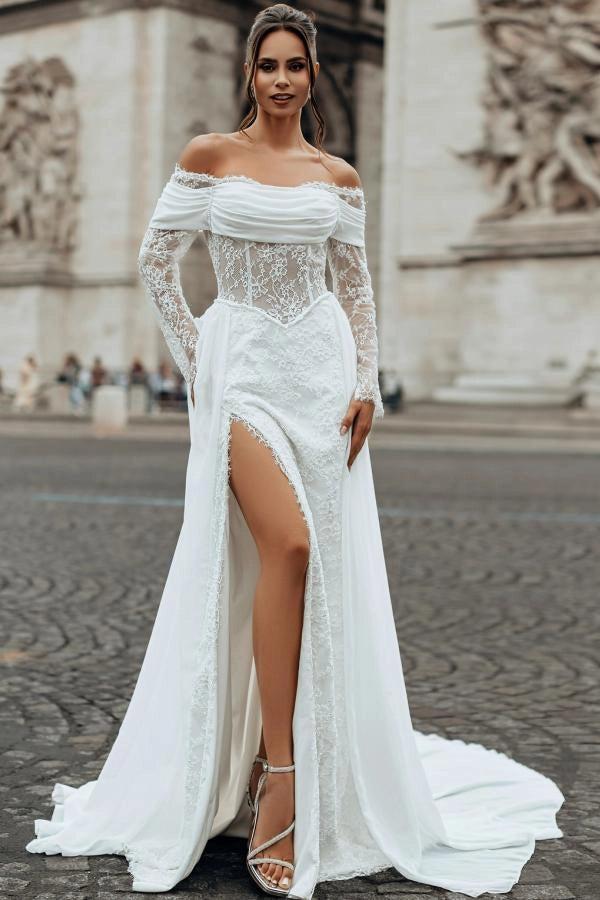 off shoulder white mermaid dress Draped Cowl Neckline Wedding The delicate lace overlay Color:Light_Champagne Women Warring States Period greek goddess dress