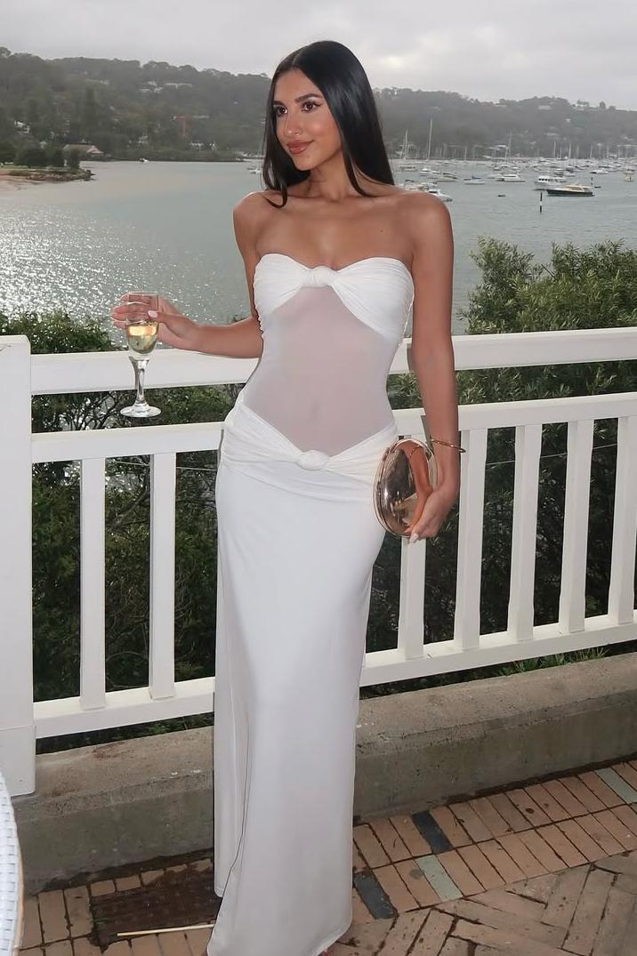 strapless open back dress Liv Pleated Long Sleeve Mini Dress in White main image 1