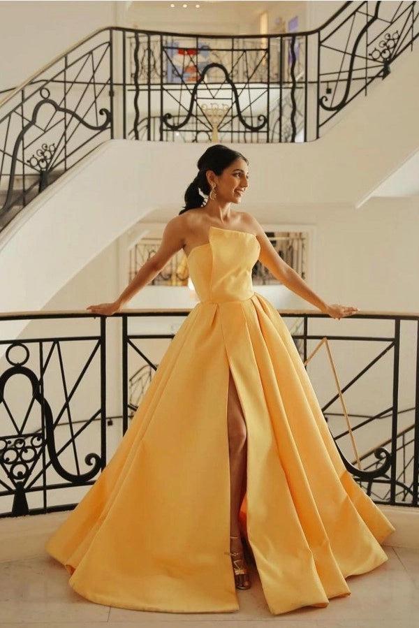 yellow pleated prom dress Strapless Pleated A-Line Empire-Waist Ruffles Yellow Prom Dress US18 / Custom Color