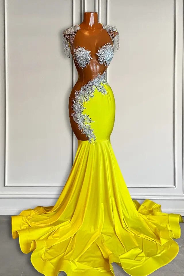 Yellow Scoop Formal Dresses with Beadings and Tassels - Mermaid Long Yellow Scoop Formal Dresses with Beadings and Tassels - Mermaid Long