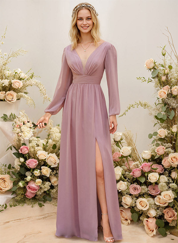 A-Line Bridesmaid Dresses With Split Front and Long Sleeves A-Line Bridesmaid Dresses With Split Front and Long Sleeves