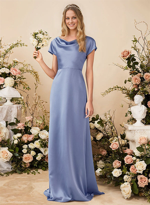 A-Line Cowl Neck Short Sleeves Sweep Train Silk Like Satin Bridesmaid Dresses A-Line Cowl Neck Short Sleeves Sweep Train Silk Like Satin Bridesmaid Dresses