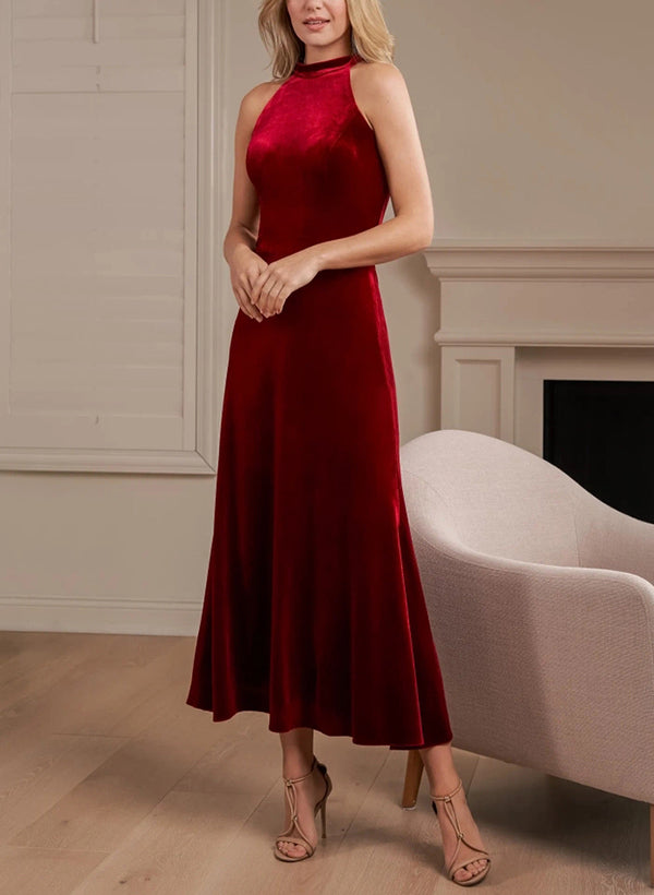 A-Line Halter Sleeveless Ankle-Length Velvet Bridesmaid Dresses A-Line Halter Sleeveless Ankle-Length Velvet Bridesmaid Dresses