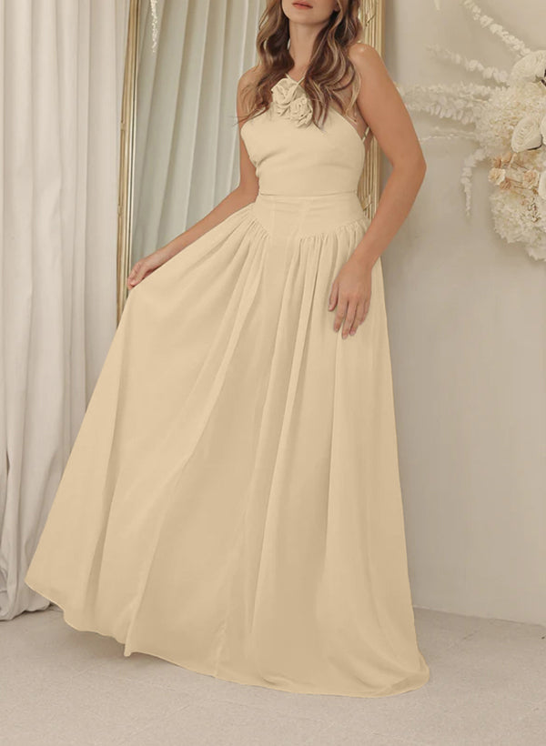 A-Line Halter Sleeveless Floor-Length Chiffon Bridesmaid Dress With Fl