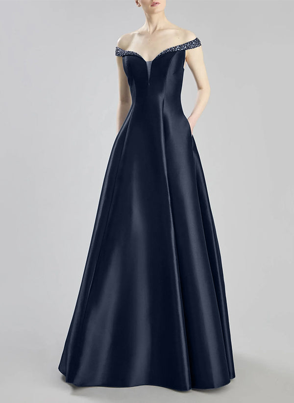 A-Line Off-The-Shoulder Sleeveless Satin Bridesmaid Dresses With Pocke