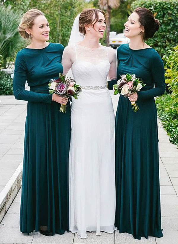A-Line Scoop Neck Long Sleeves Floor-Length Jersey Bridesmaid Dresses A-Line Scoop Neck Long Sleeves Floor-Length Jersey Bridesmaid Dresses