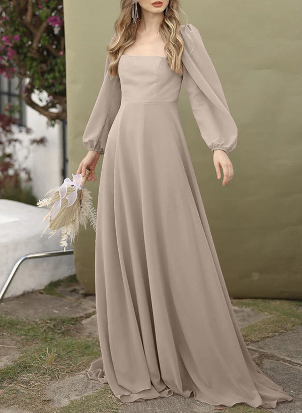A-Line Square Neckline Long Sleeves Sweep Train Chiffon Bridesmaid Dre