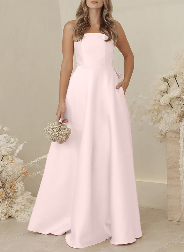 A-Line Strapless Sleeveless Sweep Train Satin Bridesmaid Dresses With Bows and Pockets A-Line Strapless Sleeveless Sweep Train Satin Bridesmaid Dresses With Bows and Pockets
