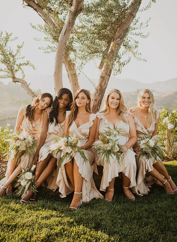 A-Line V-neck Sleeveless Ankle-Length Bridesmaid Dresses With Split Front in Silk-like Satin A-Line V-neck Sleeveless Ankle-Length Bridesmaid Dresses With Split Front in Silk-like Satin