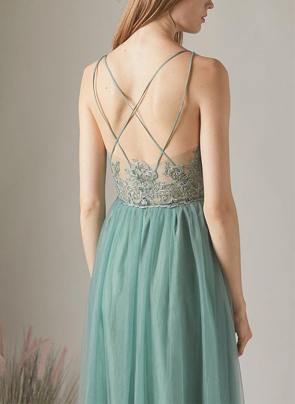 A-Line V-Neck Sleeveless Tulle Bridesmaid Dresses With Appliques Lace A-Line V-Neck Sleeveless Tulle Bridesmaid Dresses With Appliques Lace