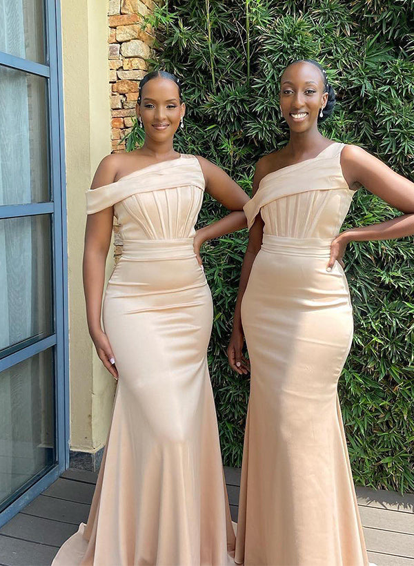 bridesmaid dresses with train A-Line Cowl Neck Short Sleeves Sweep Train Silk Like Satin Bridesmaid  Dresses main image 1