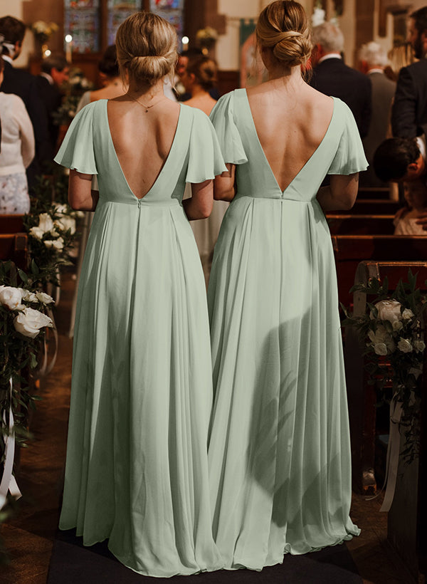 Chiffon Bridesmaid Dresses With V-Neck and Short Sleeves Chiffon Bridesmaid Dresses With V-Neck and Short Sleeves