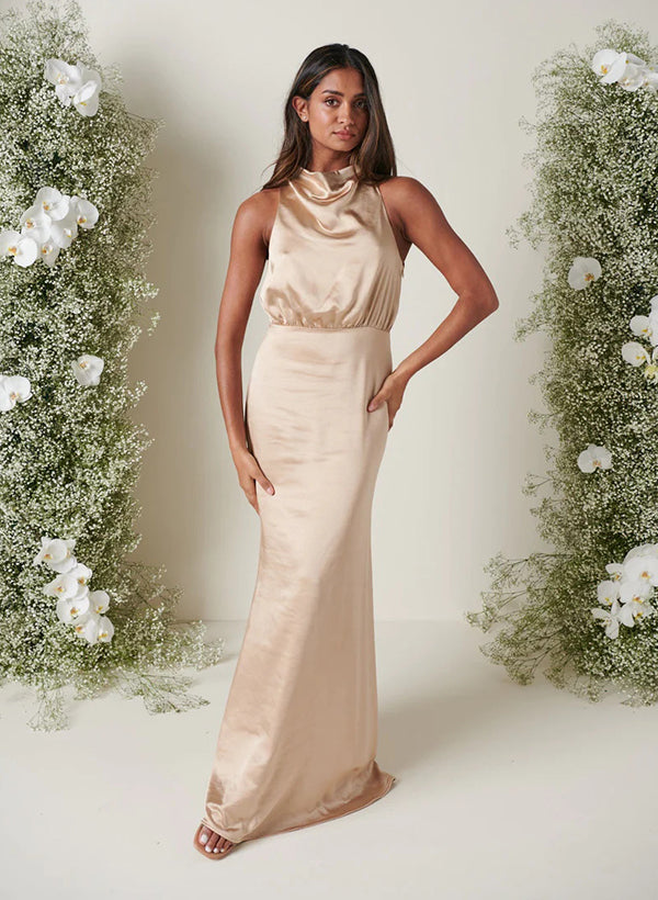 Cowl Neck Short Sleeves Floor-Length Satin Bridesmaid Dresses Cowl Neck Short Sleeves Floor-Length Satin Bridesmaid Dresses