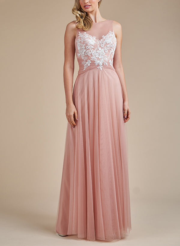 Illusion Neck Tulle Bridesmaid Dresses with Appliques Lace Illusion Neck Tulle Bridesmaid Dresses with Appliques Lace