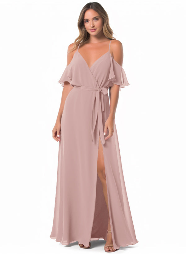 Off-The-Shoulder A-Line Bridesmaid Dresses with Short Sleeves and Spli