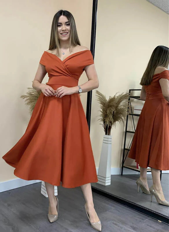 Off-The-Shoulder A-Line Satin Bridesmaid Dresses in Rust Short Length Off-The-Shoulder A-Line Satin Bridesmaid Dresses in Rust Short Length