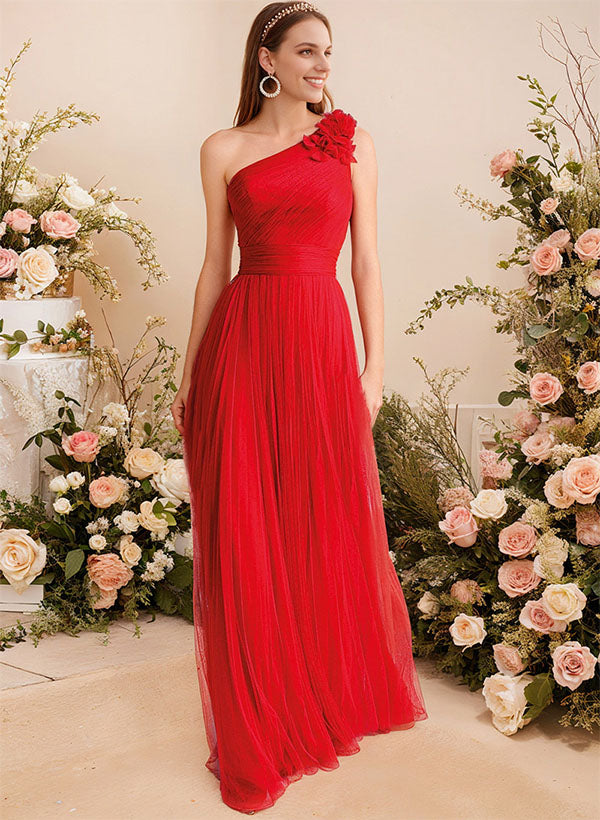 One-Shoulder Sleeveless Tulle Bridesmaid Dress With Flower(s) One-Shoulder Sleeveless Tulle Bridesmaid Dress With Flower(s)