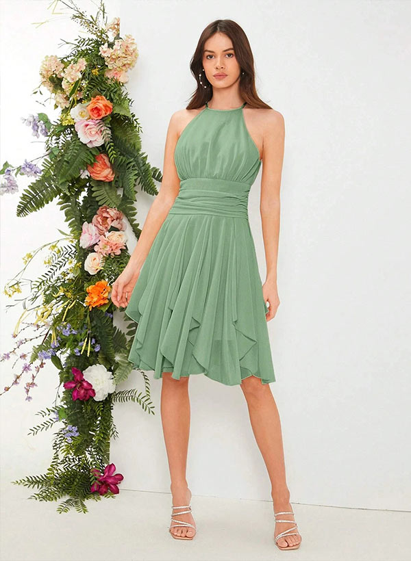 Ruffle A-Line Halter Sleeveless Knee-length Chiffon Bridesmaid Dresses Ruffle A-Line Halter Sleeveless Knee-length Chiffon Bridesmaid Dresses
