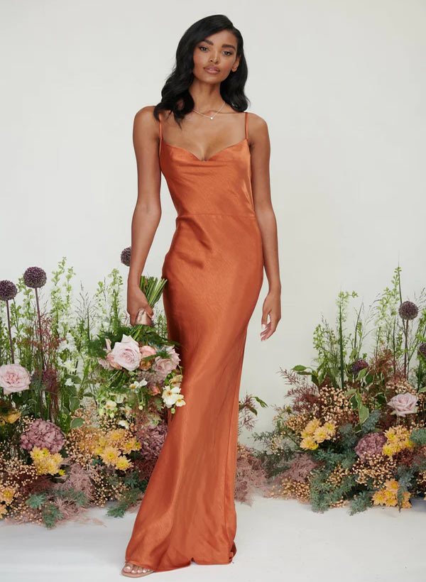 Satin Bridesmaid Dresses with Sheath Cowl Neck Sleeveless Design and  Floor-Length Hem