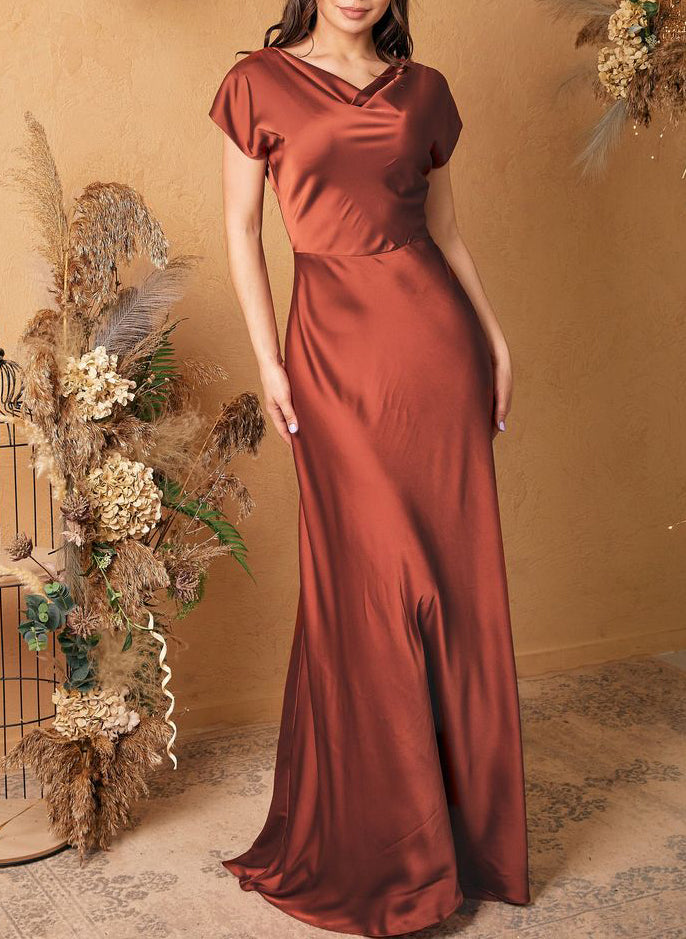 blue dress for baby girl Rust Red Cowl Neck Long Bridesmaid Dress – Modsele main image 0