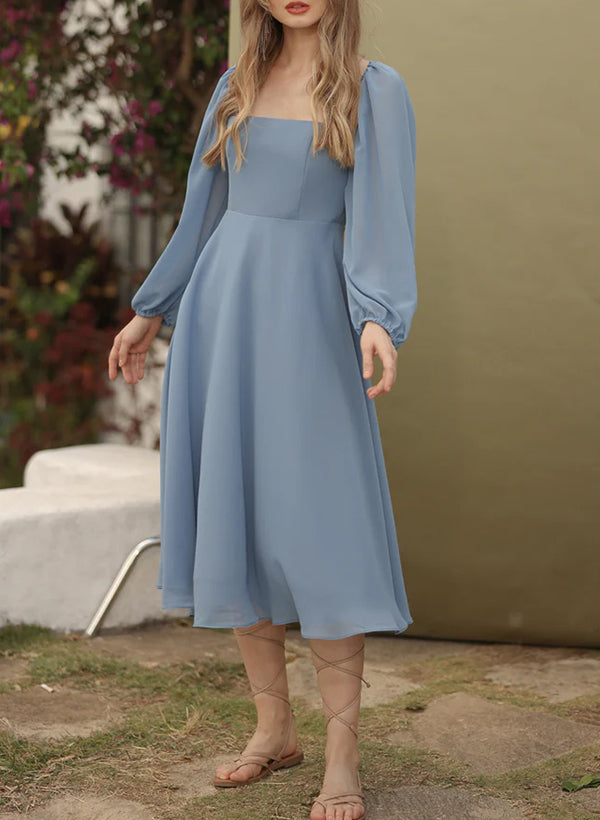 Square Neckline A-Line Chiffon Bridesmaid Dresses with Long Sleeves an