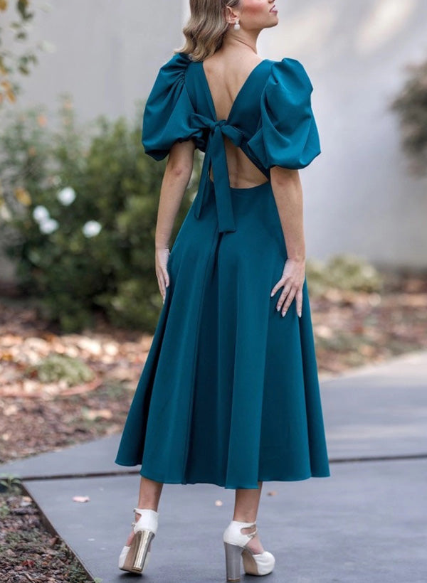teal tea length bridesmaid dresses Blue Tea Length 50s Style Bridesmaid Dresses with Spaghetti Straps