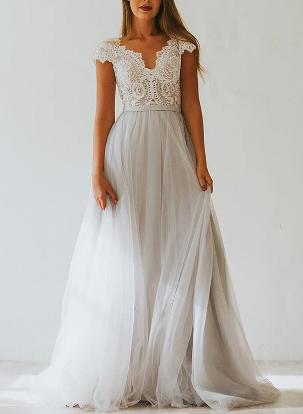 V-Neck A-Line Bridesmaid Dresses With Lace Sleeveless Tulle Sweep Train V-Neck A-Line Bridesmaid Dresses With Lace Sleeveless Tulle Sweep Train