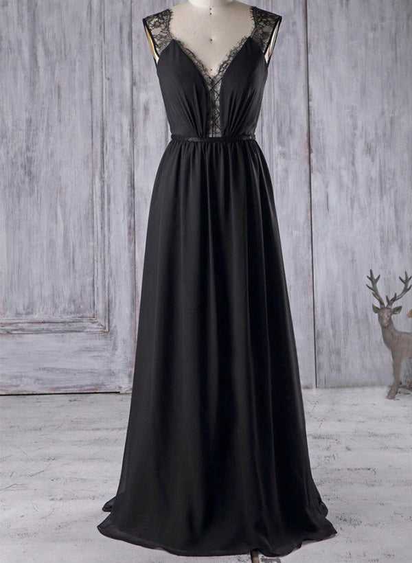 V-Neck Sleeveless A-Line Chiffon Bridesmaid Dresses With Lace Floor-Le