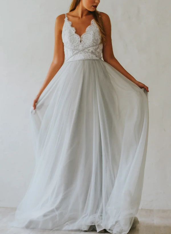 long sleeve a line short dress V-Neck Sleeveless A-Line Floor-Length Tulle Bridesmaid Dresses With La
