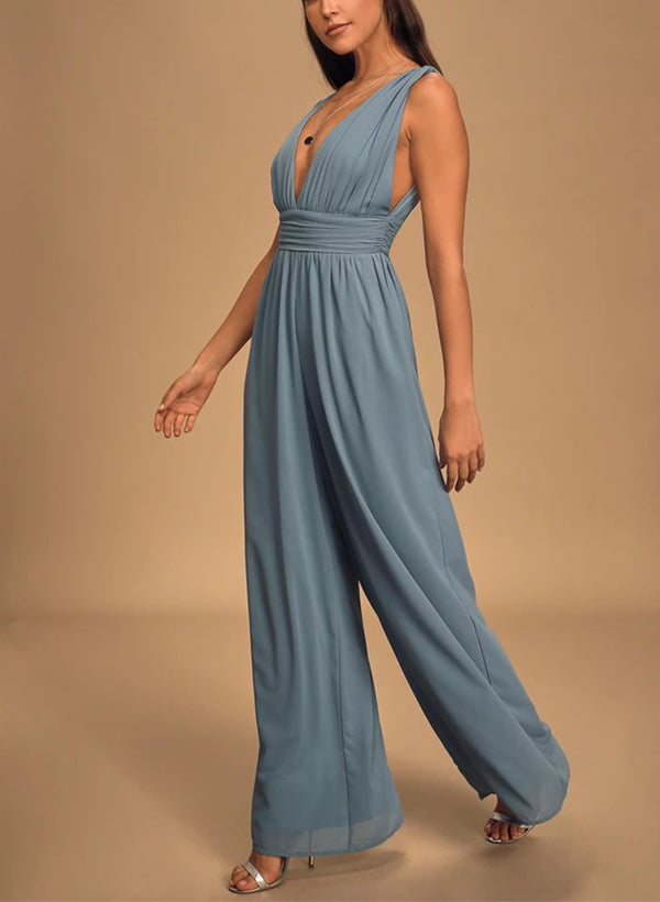 V-Neck Sleeveless Floor-Length Chiffon Bridesmaid Dresses in Jumpsuit/ V-Neck Sleeveless Floor-Length Chiffon Bridesmaid Dresses in Jumpsuit/