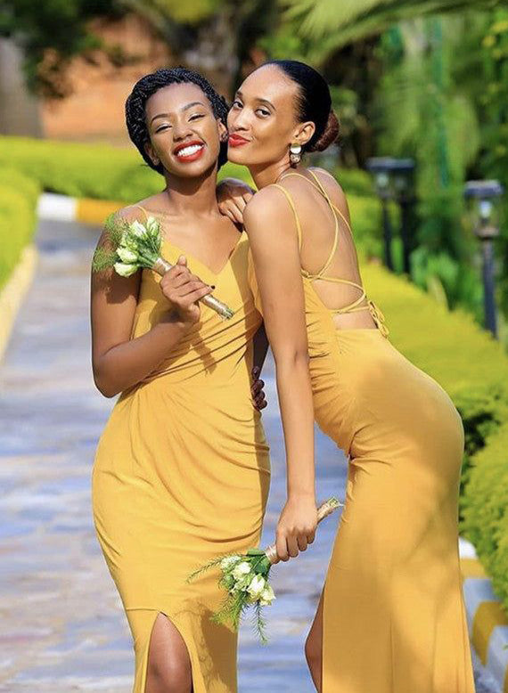 Yellow Mermaid Bridesmaid Dresses With Elastic Satin and Slit Open Bac Yellow Mermaid Bridesmaid Dresses With Elastic Satin and Slit Open Bac