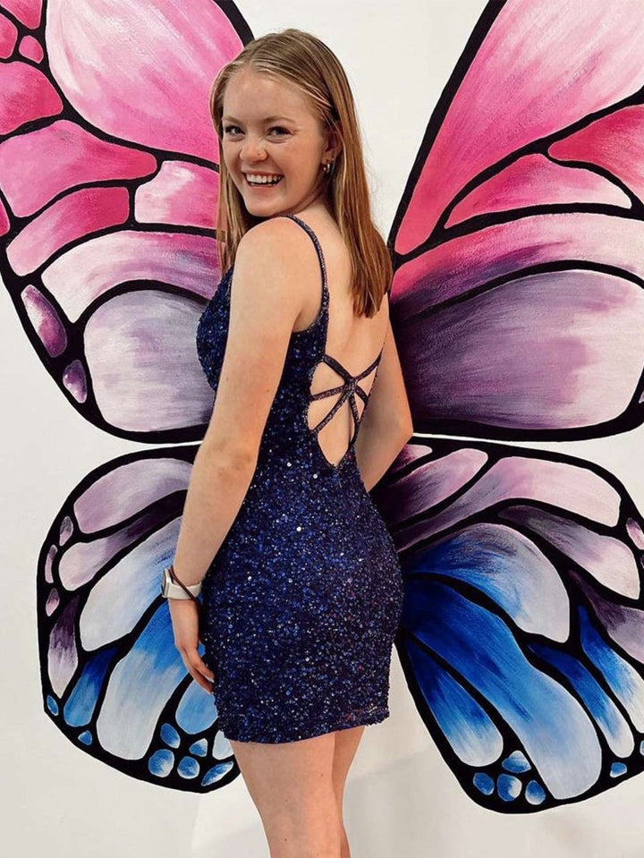 Koscy Sheath Sequins V Neck Homecoming Dress
