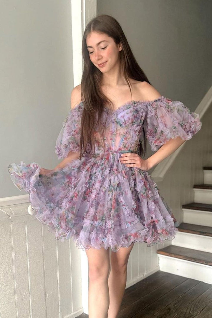 Koscy A Line Off the Shoulder Printed Homecoming Dress