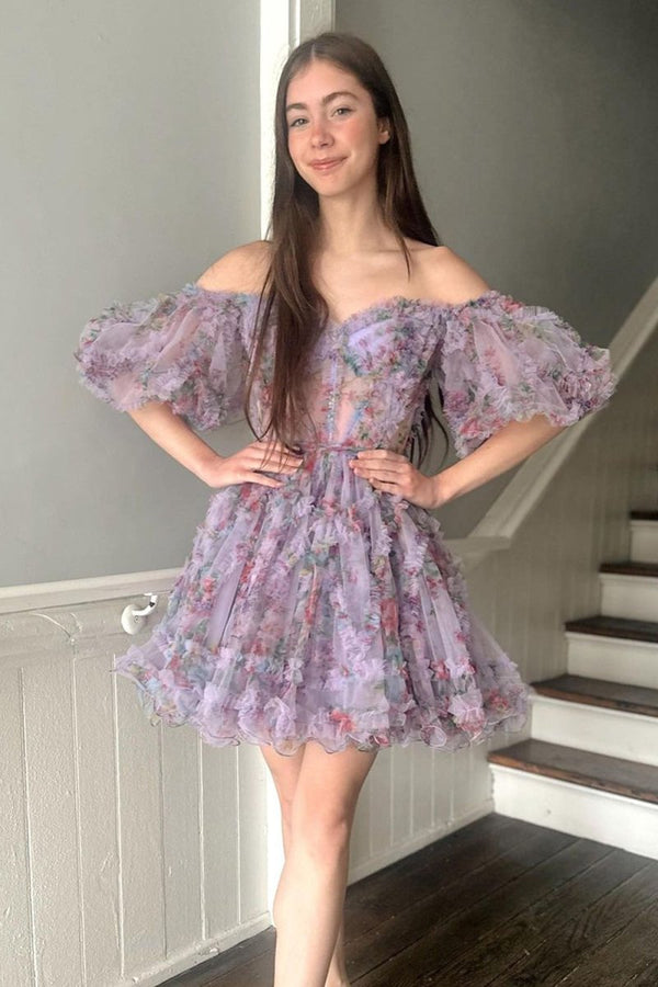 Koscy A Line Off the Shoulder Printed Homecoming Dress
