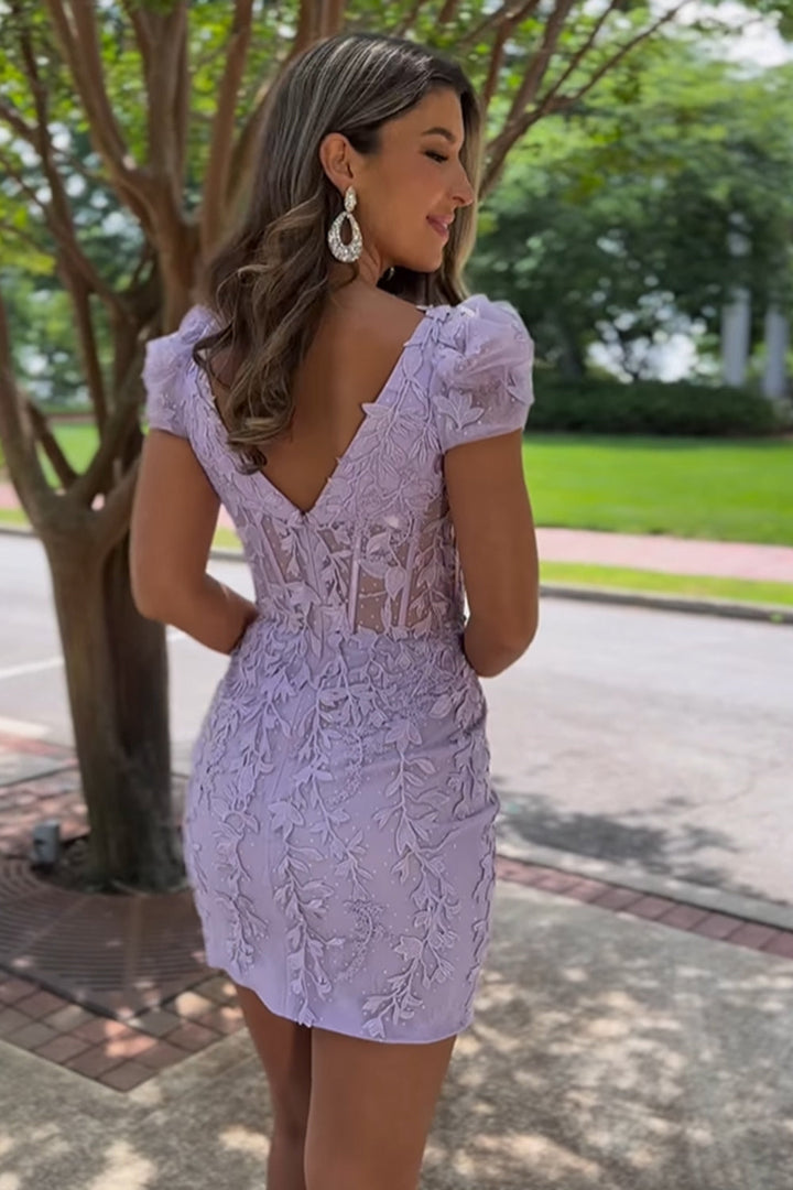 Koscy Short Bodycon Purple Lace Homecoming Dress