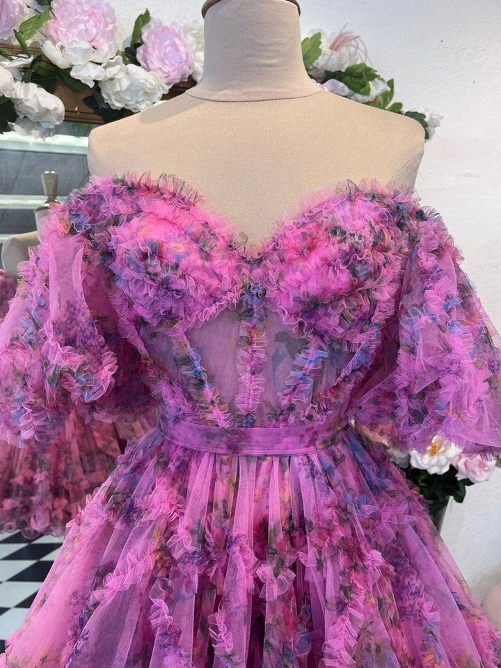 Koscy A Line Off the Shoulder Floral Printed Homecoming Dress