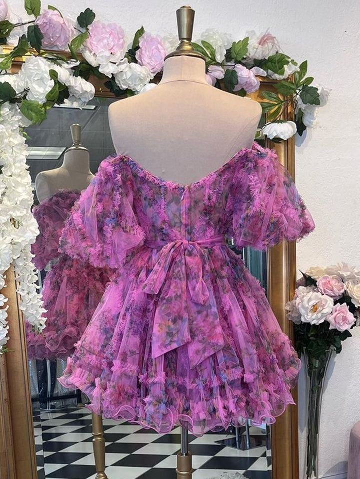 Koscy A Line Off the Shoulder Floral Printed Homecoming Dress