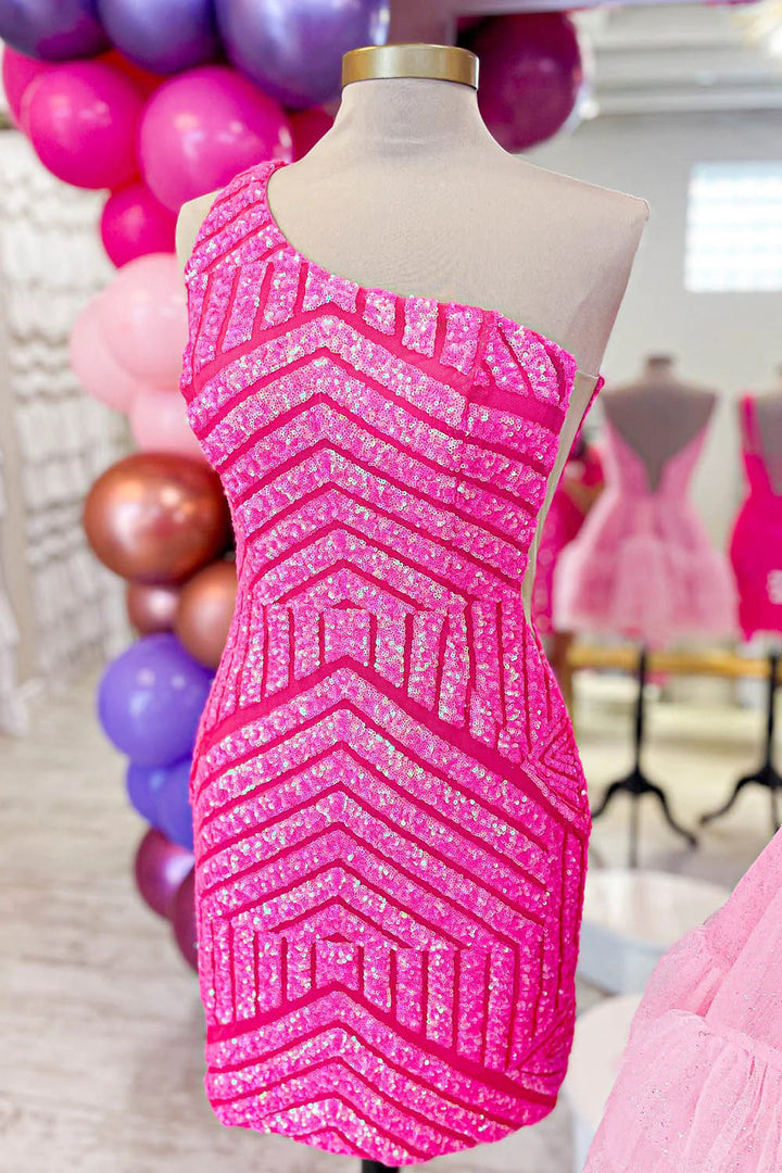 Koscy Hot Pink Sheath One Shoulder Sequins Short Homecoming Dress