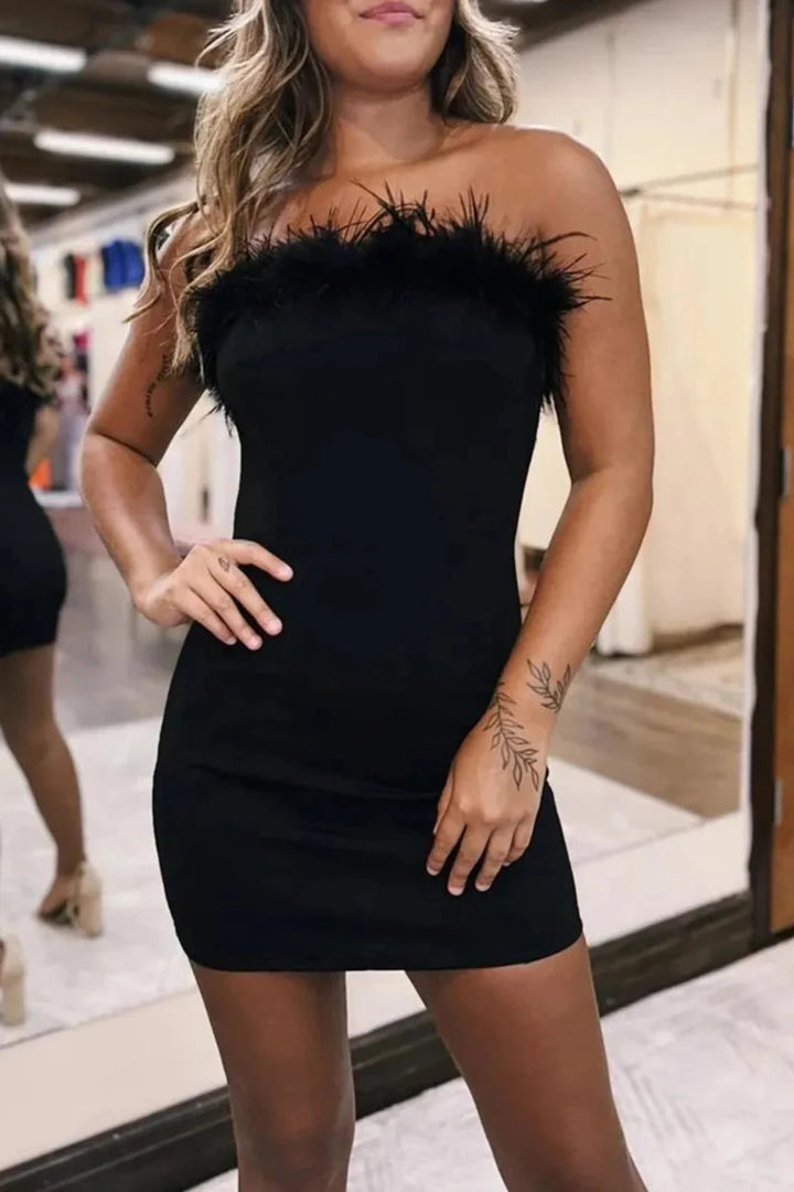 Koscy White Strapless Feather Bodycon Short Party Dress